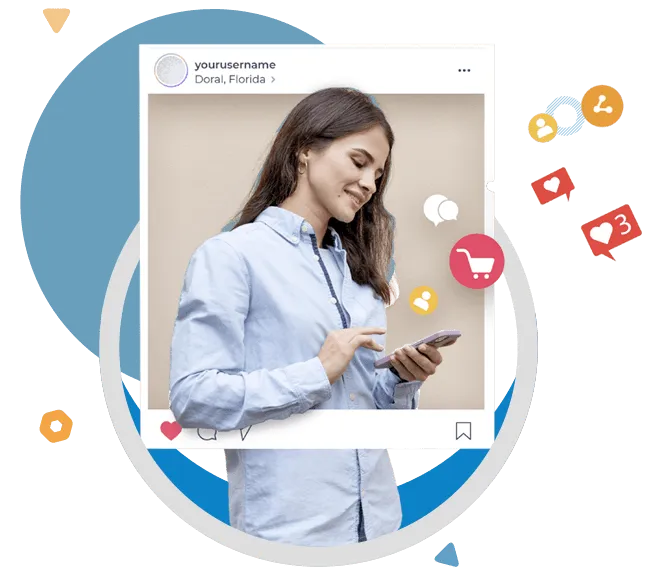 a woman blue using her phone while smiling