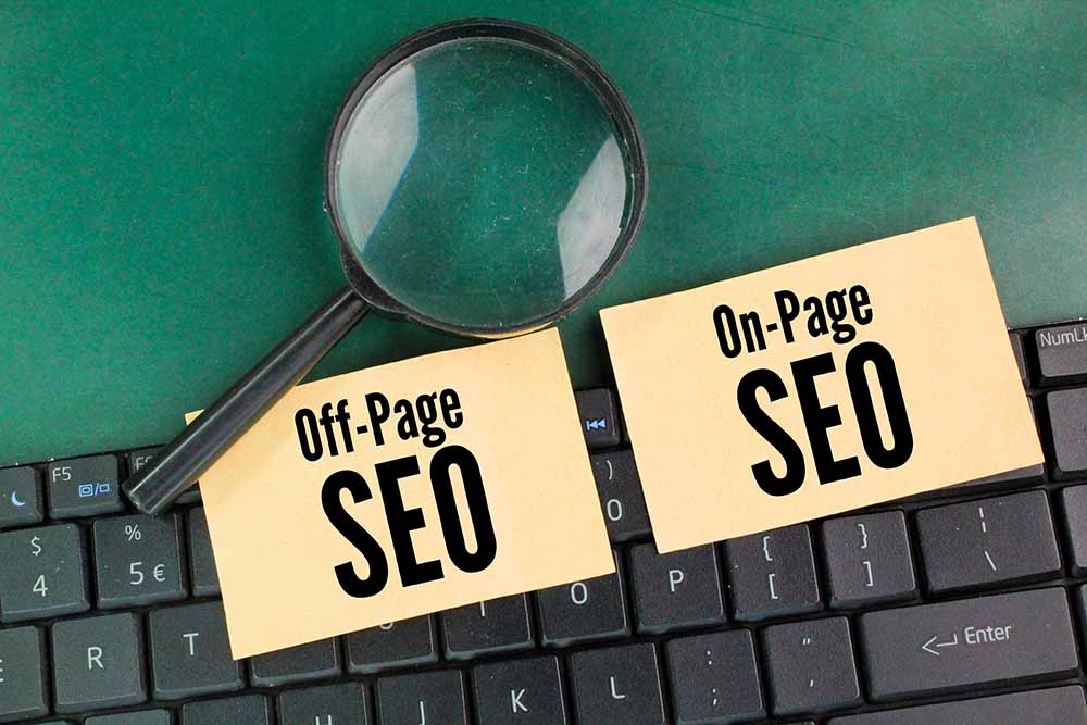 split screen with "On-page SEO" on one side and "Off-page SEO" on the other split screen with "On-page SEO" on one side and "Off-page SEO" on the other
